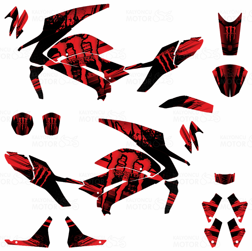 Bajaj Dominar Monster Energy Design Kırmızı - Siyah Renkli Sticker Set